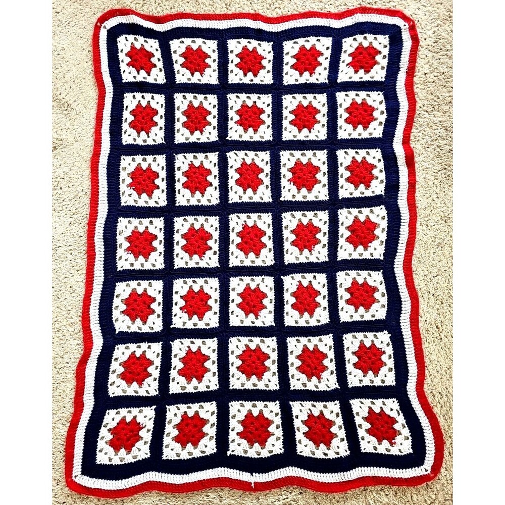 Granny Square Afghan Crochet Blanket Red White Blue USA American Boho Patriotic